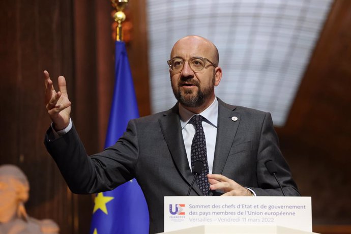HANDOUT - 11 March 2022, France, Versailles: European Council President Charles Michel speaks during a press conference at the Palace of Versailles after the meeting of the heads of states and governments of the EU to discuss the current developments af