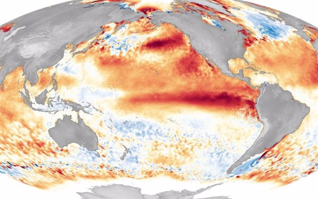 Un mapa del El Niño más fuerte registrado en 2016, que muestra la temperatura de la superficie del mar. El rojo es más alto y el azul más bajo de lo normal