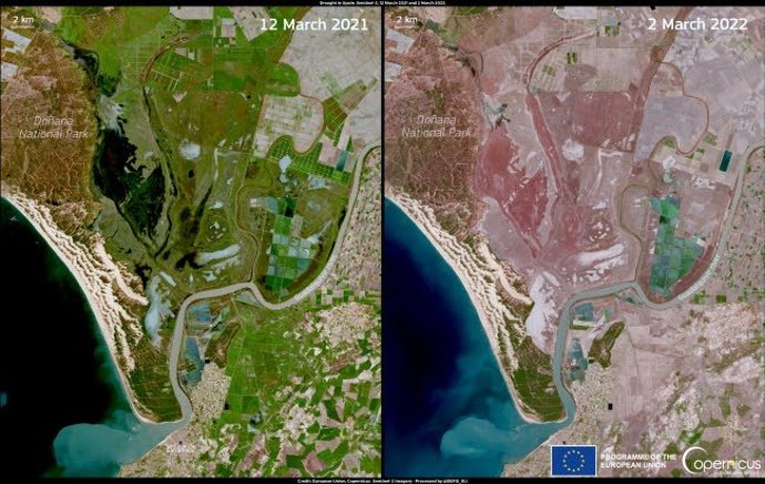 Imágenes comparativas entre marzo 2021 y marzo 2022 adquiridas por los satélites Copernicus Sentinel-2