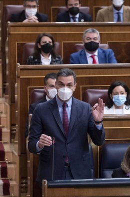 El presidente del Gobierno, Pedro Sánchez, interviene en una sesión plenaria en el Congreso de los Diputados, a 9 de marzo de 2022, en Madrid (España). 