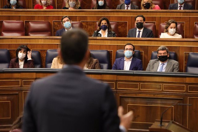 El presidente del Gobierno, Pedro Sánchez, interviene en la sesión de presentación, en el Congreso de los Diputados, el 16 de marzo de 2022, en Madrid (España). 