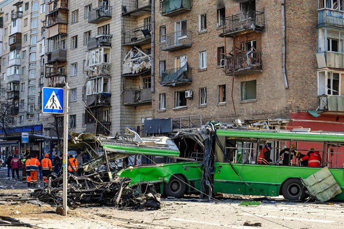 March 14, 2022, Kyiv, Ukraine: Trolleybus damaged by Russian army rocket fire in Kyiv. Anti-aircraft forces shot down a piece of falling missile over Kyiv, its fragments struck an apartment building, the building was partially destroyed and apartments o