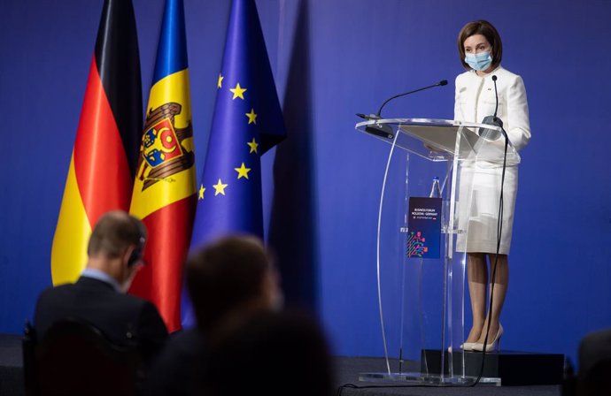 Archivo - 29 September 2021, Moldova, Chisinau: Molodova's President Maia Sandu speaks at the opening of the Moldovan-German Business Conference. Photo: Bernd von Jutrczenka/dpa