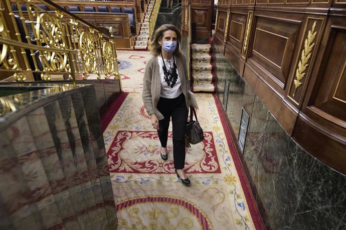 La vicepresidenta tercera y ministra para la Transición Ecológica, Teresa Ribera, a su llegada a una sesión plenaria, en el Congreso de los Diputados, a 16 de marzo de 2022, en Madrid (España). El pleno está marcado, entre otros asuntos, por las pregunt
