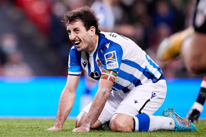 Mikel Oyarzabal of Real Sociedad reacts during the spanish league match of La Liga Santander, between Athletic Club and Real Sociedad at San Mames on 20 of February, 2022 in Bilbao, Spain.