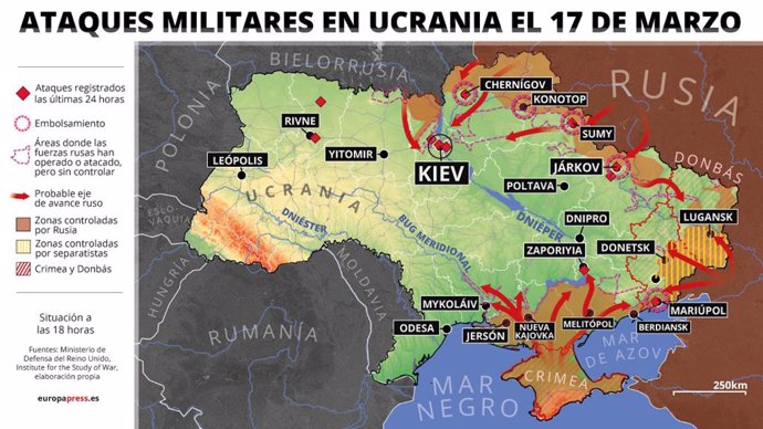 Mapa con ataques militares en Ucrania el 17 de marzo de 2022 (estado a las 18 horas). Al menos un muerto y tres heridos tras un bombardeo en un edificio residencial en el distrito de Darnytskyi, en la capital de Ucrania, Kiev, tras saltar las alarmas en