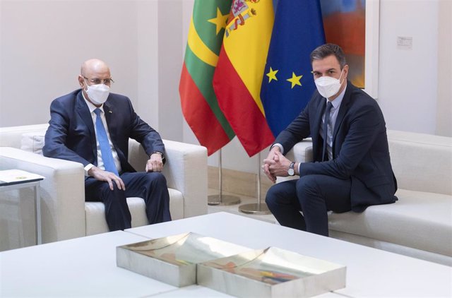 El presidente del Gobierno, Pedro Sánchez (d), y el presidente de Mauritania, Mohamed Ould Ghazouani (i), conversan en el Palacio de la Moncloa