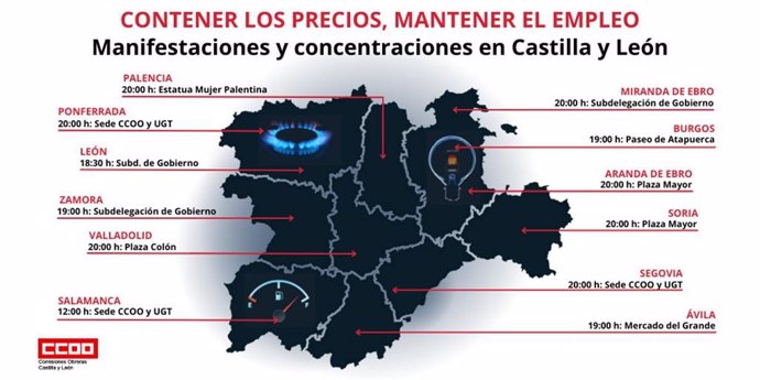 Mapa explicativo de los lugares de las movilización y manifestaciones convocadas para el día 23 contra la escalada de precios