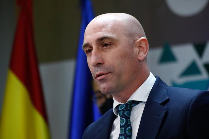 Luis Rubiales attends during the presentation of the Statutes of the Women's Professional Soccer League held at the CSD on March 14, 2022, in Madrid, Spain.
