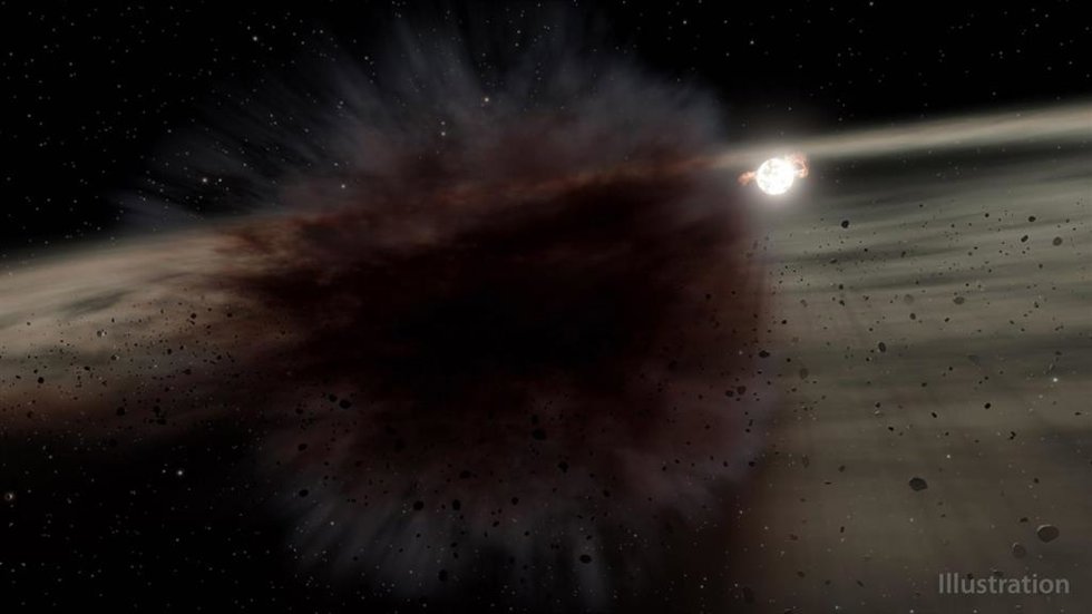 Esta ilustración representa el resultado de una colisión entre dos grandes cuerpos del tamaño de un asteroide.