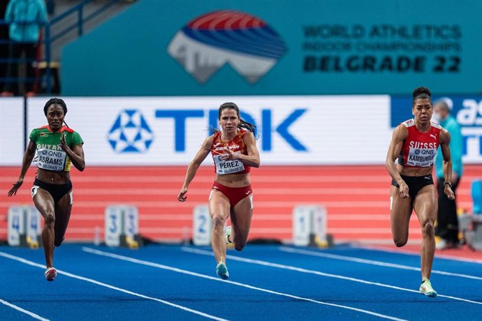 Maribel Pérez, del Equipo Español, en la ronda 1 de 60 metros lisos durante el Campeonato del Mundo de atletismo en pista cubierta, a 18 de marzo, 2022 en Belgrado, Serbia