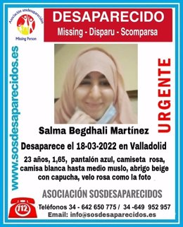 SOS Desaparecidos publica la desapareción de esta joven de 23 años en Valladolid.