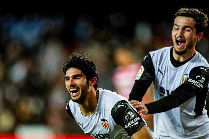 Goncalo Guedes of Valencia celebrates a goal during the Santander League match between Valencia CF and Granada CF at the Mestalla Stadium on March 5, 2022, in Valencia, Spain.