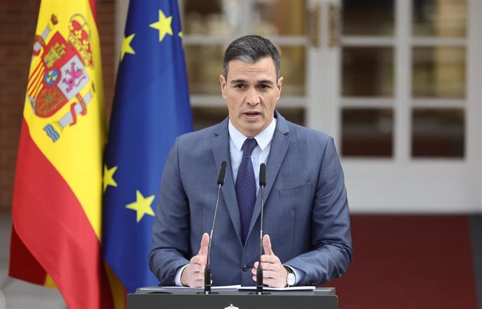 El presidente del Gobierno, Pedro Sánchez, realiza una declaración institucional sobre la situación en Ucrania desde el Palacio de La Moncloa, a 24 de febrero de 2022, en Madrid (España). 