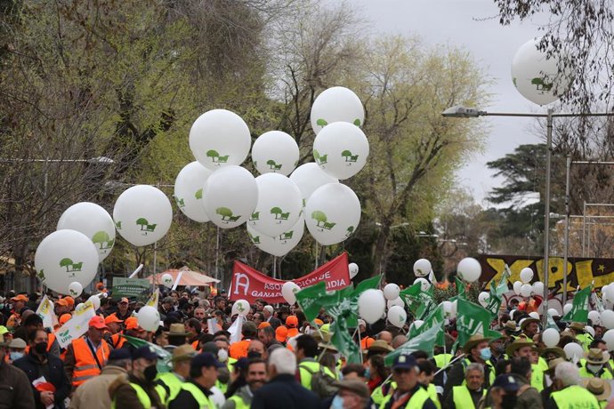 Varios manifestantes, con banderas y globos blancos, en la marcha 20M, a 20 de marzo de 2022, en Madrid (España). 
