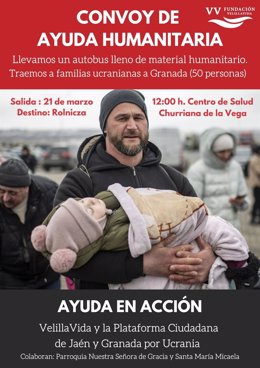 Cartel de acción humanitaria organizada por la Fundación VelillaVida de Granada destinada a refugiados ucranianos.