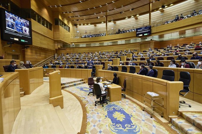 Archivo - El presidente del Gobierno, Pedro Sánchez, interviene en una Sesión de Control en el Senado, a 21 de diciembre de 2021, en Madrid (España). El Senado celebra su última sesión plenaria del año, en la que previsiblemente, se aprobarán los Presup