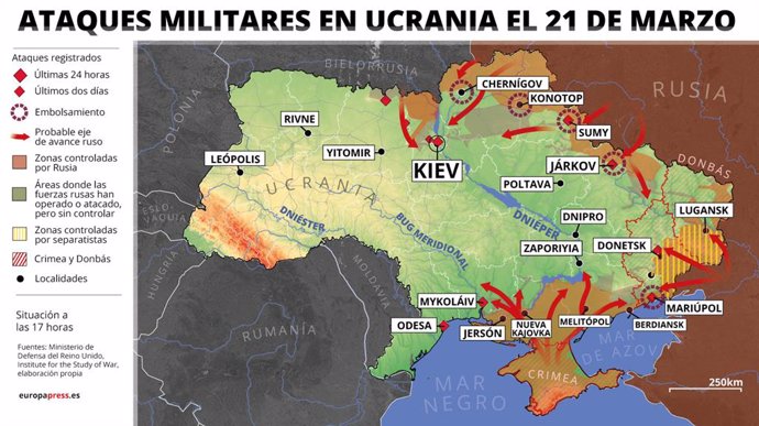 Mapa con ataques militares en Ucrania el 21 de marzo de 2022 (estado a las 17 horas). Las autoridades de la ciudad ucraniana de Odesa han denunciado este lunes un ataque por parte del Ejército de Rusia, el primero desde el inicio de la invasión el 24 de