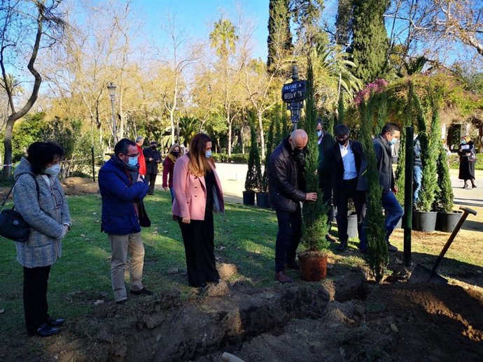 Archivo - El alcalde de Sevilla, Antonio Muñoz, en el inicio de la plantación de 400 cipreses en la Glorieta de Ofelia Nieto del Parque de María Luisa, acto en el que anunció la instalación de cámaras de seguridad en parques y jardines históricos de Sev