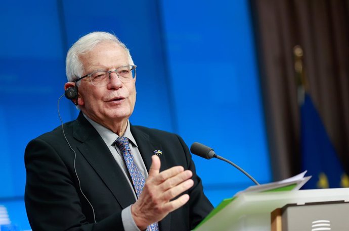 HANDOUT - 25 February 2022, Belgium, Brussels: EU High Representative for Foreign Affairs and Security Policy Josep Borrell speaks during a press conference following the EU Extraordinary Foreign Affairs Council. Photo: Mario Salerno/EU Council/dpa - AT