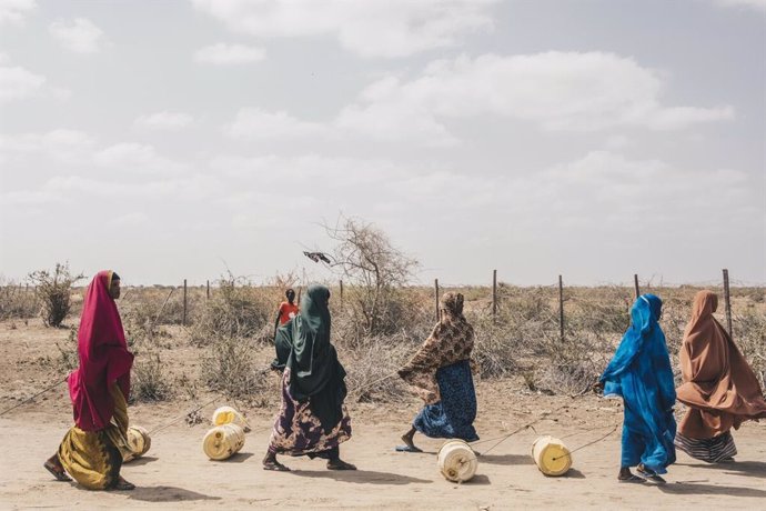 Varias mujeres regresan a casa después de proveerse de agua en Kenia