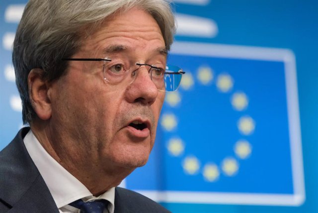 HANDOUT - 14 March 2022, Belgium, Brussels: EU commissioner for Economy Paolo Gentiloni speaks during a press conference after the Eurogroup meeting at the EU headquarters in Brussels. Photo: Alexandros Michailidis/European Council/dpa - ATTENTION: editor