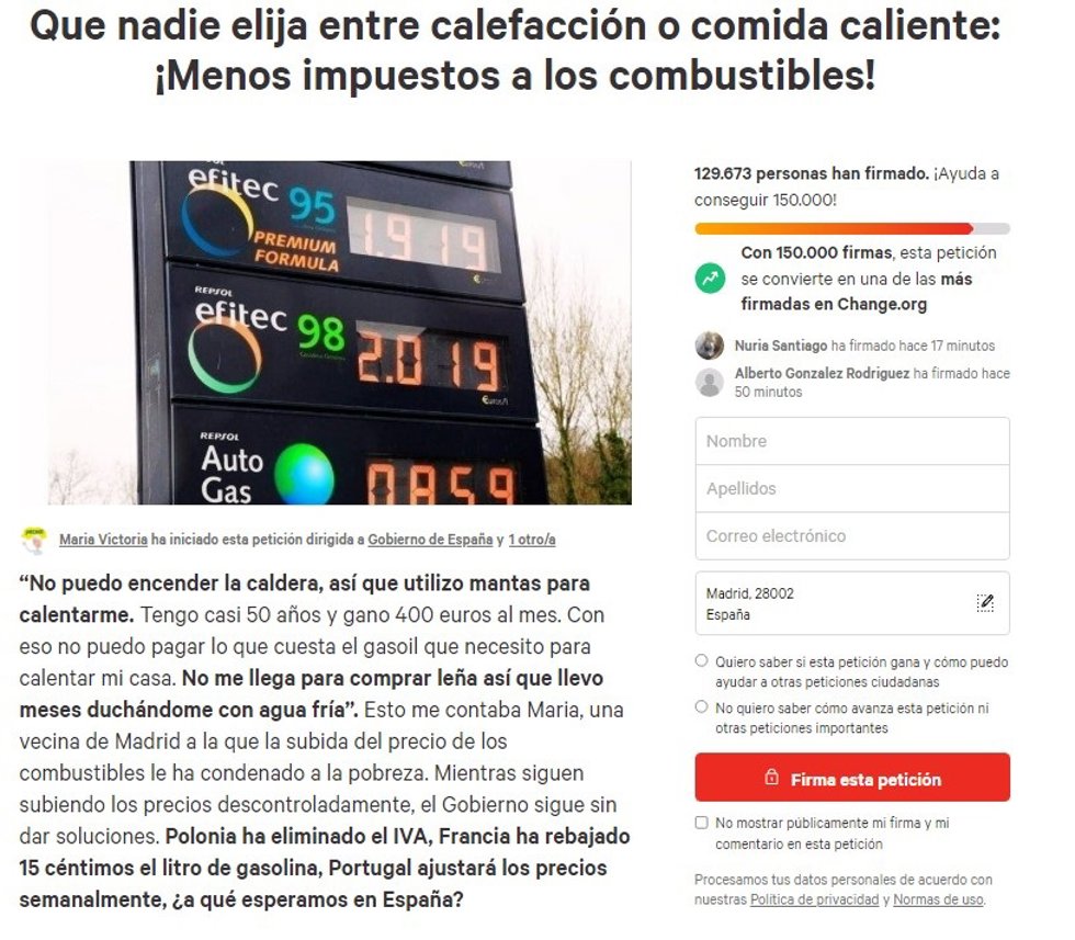 La petición para bajar los impuestos a los carburantes iniciada en Change.Org