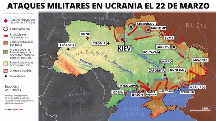 Mapa con ataques militares en Ucrania el 22 de marzo de 2022 (estado a las 18 horas). Nuevas imágenes satelitales estadounidenses de la empresa Maxar Technologies tomadas este lunes muestran incendios de ataques militares y crecientes inundaciones del r