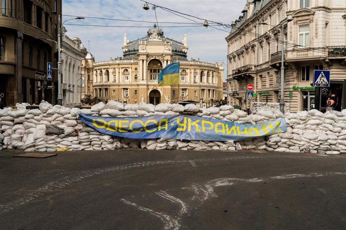 March 21, 2022, Odessa, Ukraine: Barricade along the road leading to the Odessa National Academic Theater (background) an Opera and Ballet venue, and symbol of the city. Known as the "Pearl of the Black Sea", the Ukrainian city of Odessa has been turned