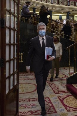 El ministro del Interior, Fernando Grande-Marlaska, a su llegada a una sesión plenaria en el Congreso de los Diputados