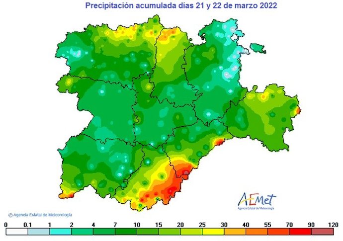 Mapa elaborado por la Aemet sobre las cantidades de agua caídas en CyL durante los días 21 y 22 de marzo
