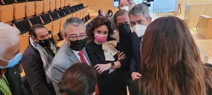El presidente de la Diputación, Francisco Salado; la vicepresidenta primera, Margarita del CId, también alcaldesa de Torremolinos; y el alcalde de Benalmádena, con representantes de AFAB en el pleno de la Diputación del mes de marzo de 2022.