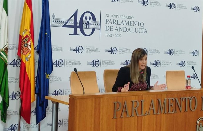 La portavoz adjunta del PSOE en el Parlamento de Andalucía, María Márquez, este miércoles en rueda de prensa.
