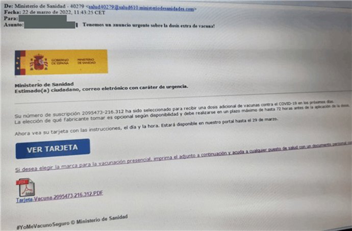 La Asociación Valenciana de Consumidores y Usuarios (Avacu) alerta de un nuevo intento de fraude a través de correos electrónicos supuestamente enviados desde el Ministerio de Sanidad que informan de una falsa dosis extra de vacuna contra el coronavirus.