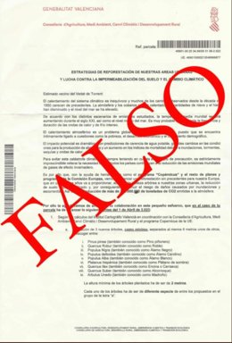 Carta falsa con la firma falsificada de la consellera de Agricultura,  Mireia Moll, dirigida a un vecino del Vedat de Torrent