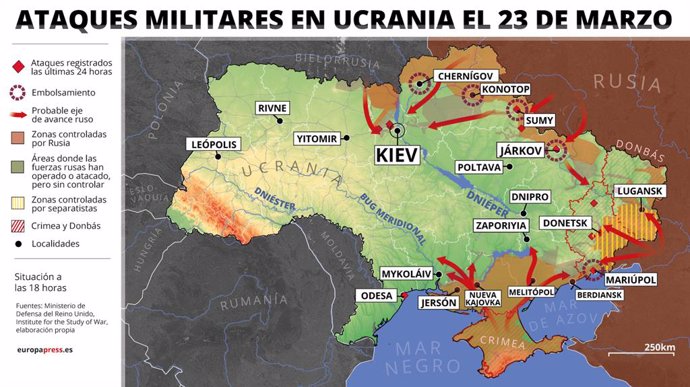 Mapa con ataques militares en Ucrania el 23 de marzo de 2022 (estado a las 18 horas). El jefe de la administración militar regional de Sumy, Dimitro Zhivitski, ha informado de que el Servicio Estatal de Emergencia no ha podido acceder a una zona en la q