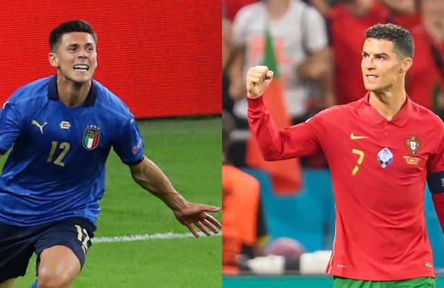 Pessina y Cristiano Ronaldo, jugadores de Italia y Portugal