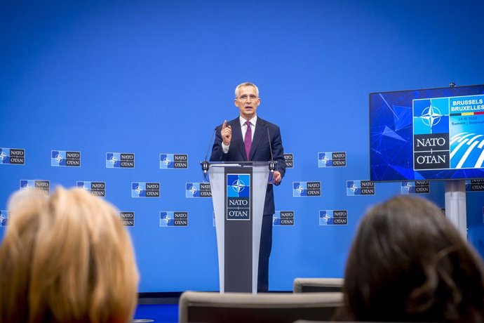 HANDOUT - 23 March 2022, Belgium, Brussels: Jens Stoltenberg, Secretary General of NATO, speaks during a press conference ahead of the extraordinary Heads of State meeting. Photo: -/NATO/dpa - ATTENTION: editorial use only and only if the credit mention