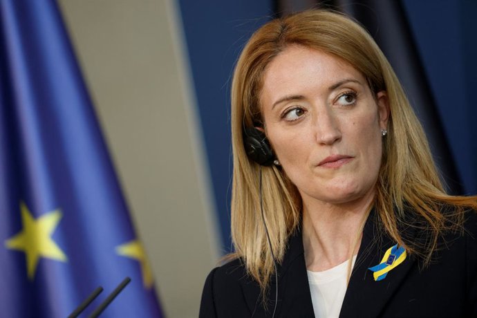22 March 2022, Berlin: President of the European Parliament Roberta Metsola speaks during a press conference with German Chancellor Olaf Scholz (Not Pictured) after their meeting at the Chancellery. Photo: Michele Tantussi/Reuters/Pool/dpa
