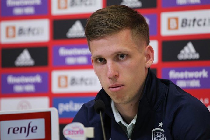 Dani Olmo of Spain attends the media during press conference at Ciudad del Futbol  on March 24, 2022, in Las Rozas, Madrid, Spain.