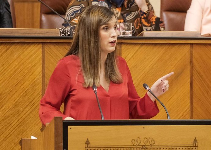 La portavoz adjunta del Grupo Socialista, María Márquez, defiende una proposición no de ley relativa a indemnizaciones a huérfanos/as de violencia de género en el Pleno del Parlamento.