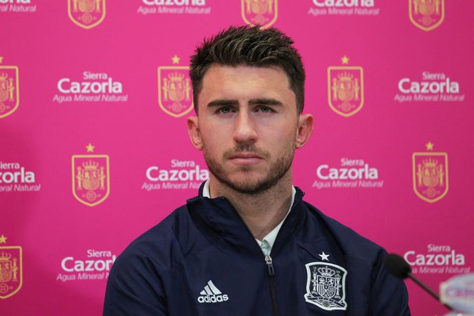 Aymeric Laporte of Spain attends the media during press conference at Ciudad del Futbol  on March 24, 2022, in Las Rozas, Madrid, Spain.