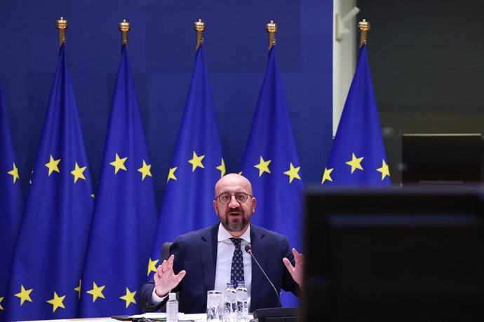 HANDOUT - 22 March 2022, Belgium, Brussels: European Council President Charles Michel speaks during a meeting with the heads of states and governments of the EU. Photo: Dario Pignatelli/EU Council/dpa - ATTENTION: editorial use only and only if the cred
