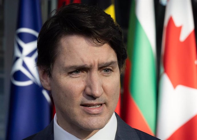 24 March 2022, Belgium, Brussels: Canadian Prime Minister Justin Trudeau speaks to the media at the NATO headquarters before the start of a special meeting of NATO Leaders to discuss Russia's invasion of Ukraine. Photo: Benoit Doppagne/BELGA/dpa