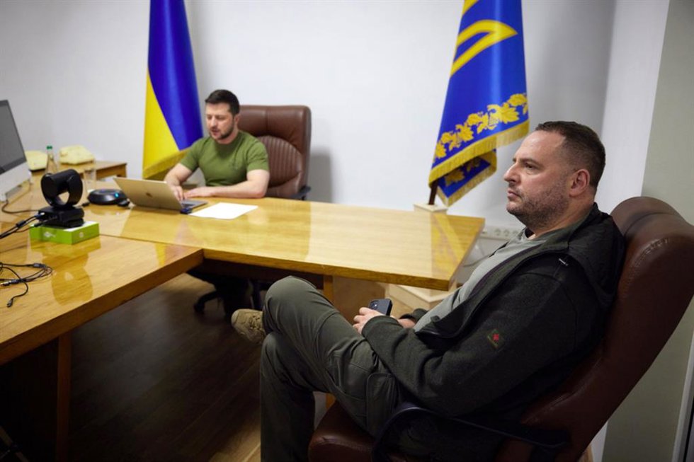 16 March 2022, Ukraine, Kiev: Ukrainian President Volodymyr Zelensky and head of the Office of the President Andriy Yermak are pictured during the President's address to the US Congress. Photo: -/Ukrinform/dpa
