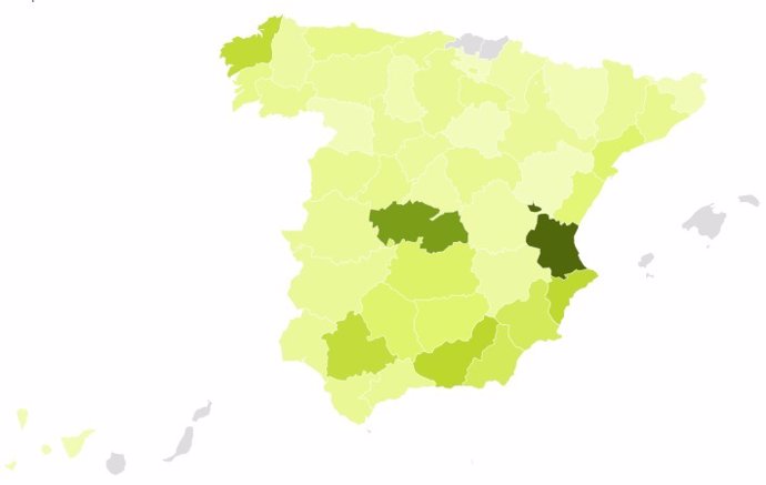 Mapa de coropletas de las provincias con municipios que tienen viviendas usadas por debajo de los 1.000 euros el metro cuadrado