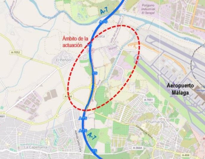 Imagen de la zona de actuación del acceso norte al aeropuerto de Málaga tras licitarse el contrato para redactar el proyecto desde la A-7
