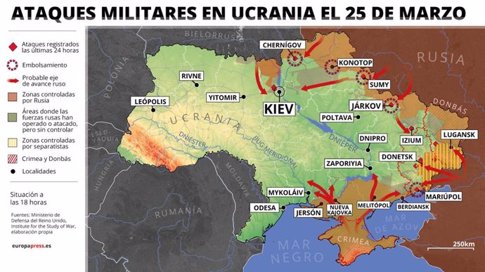 Mapa con ataques militares en Ucrania el 25 de marzo de 2022 (estado a las 18 horas). Las autoridades de Ucrania han asegurado este viernes que el Ejército ha iniciado una contraofensiva en la región de la capital, Kiev, y ha destacado que los principal