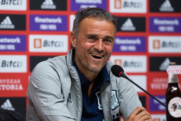 Luis Enrique, head coach of Spain, attends during the press conference before a friendly match agains Albania at RCD Stadium on March 25, 2022 in Barcelona, Spain.