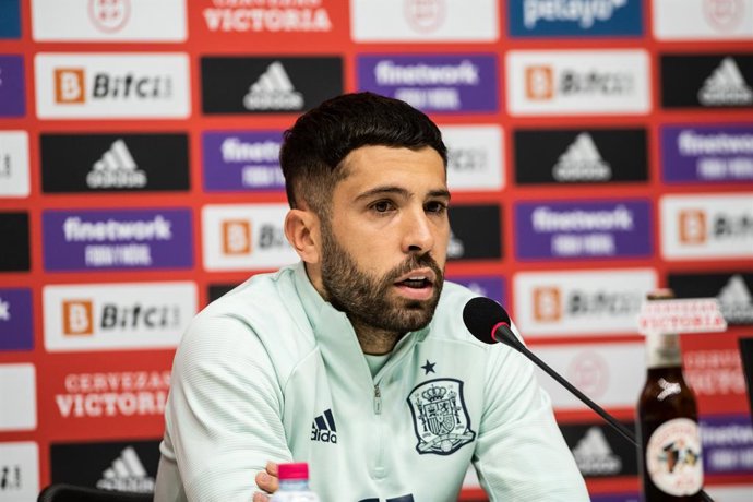 Jordi Alba of Spain attends during the press conference before a friendly match agains Albania at RCD Stadium on March 25, 2022 in Barcelona, Spain.